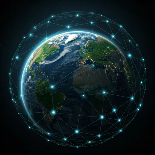 Satellite view of earth with digital network connections overlay in dark mode
